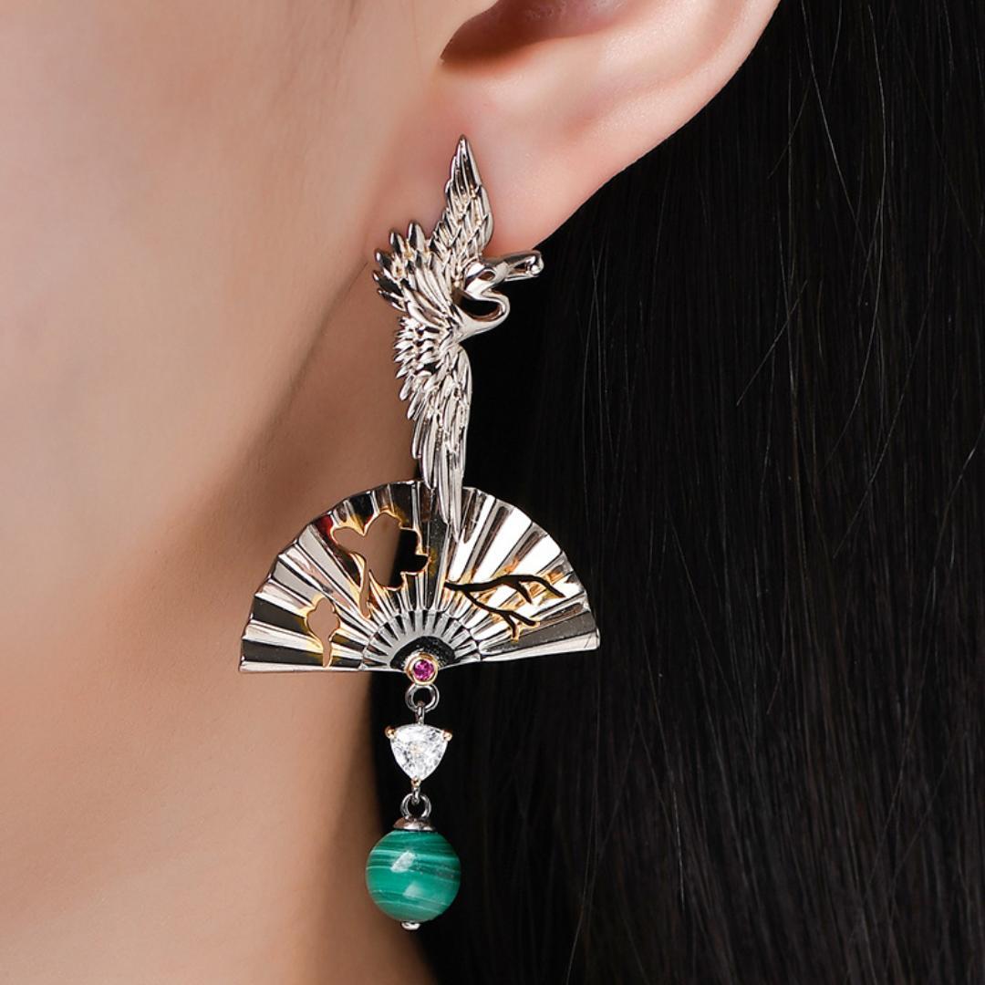 Boucles d'Oreilles Malachite Grue Argent 925 – Chance et Sérénité - Biloria