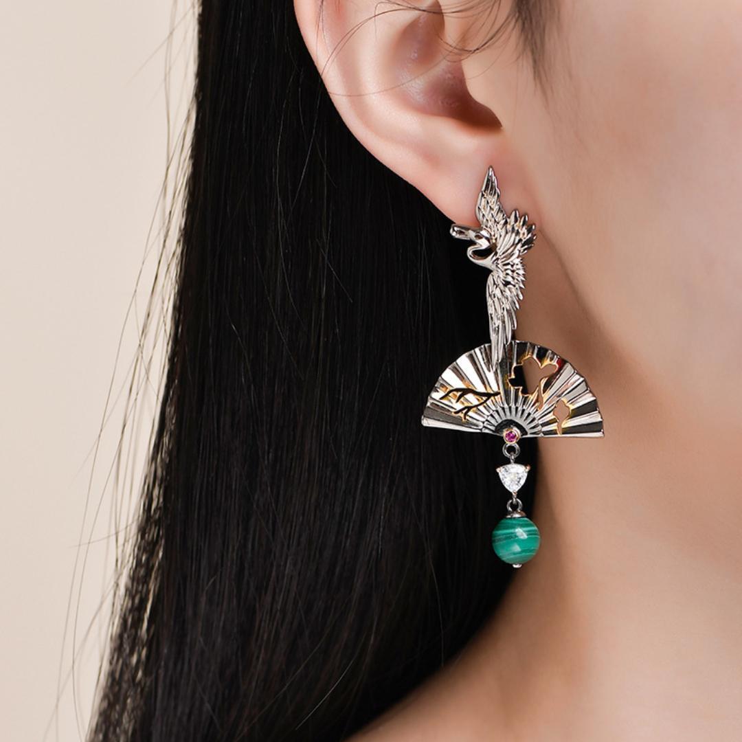 Boucles d'Oreilles Malachite Grue Argent 925 – Chance et Sérénité - Biloria