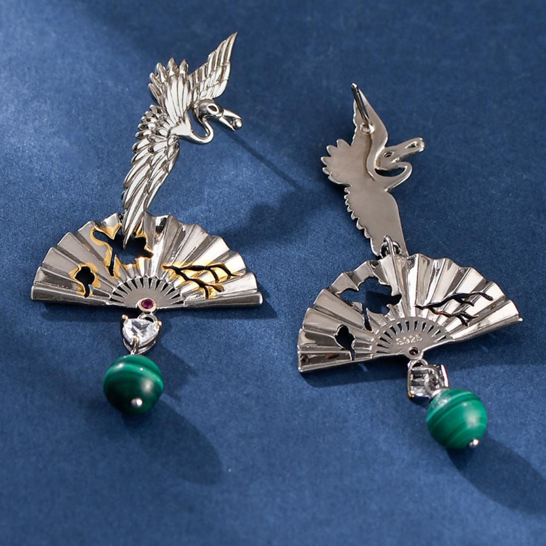 Boucles d'Oreilles Malachite Grue Argent 925 – Chance et Sérénité - Biloria