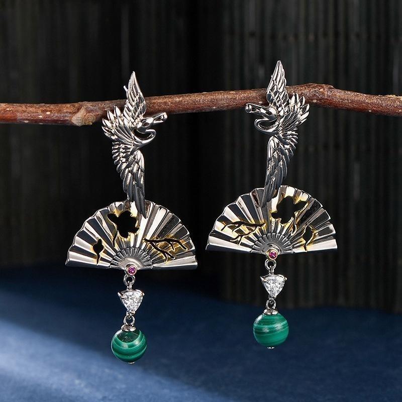 Boucles d'Oreilles Malachite Grue Argent 925 – Chance et Sérénité - Biloria
