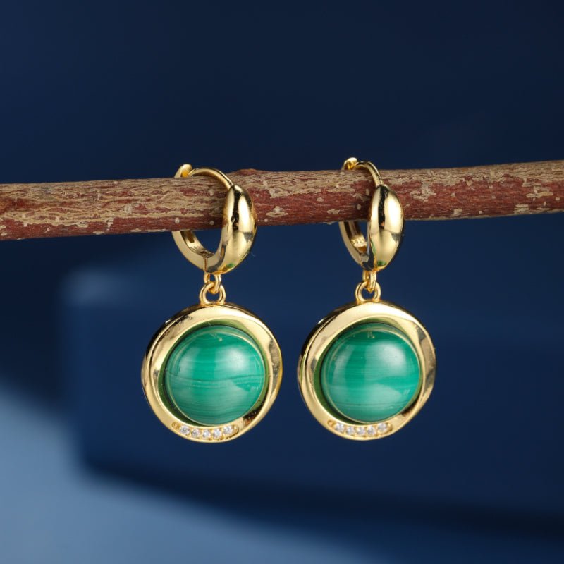 Boucles d'Oreilles Malachite Harmonie Verte Argent Plaqué Or - Biloria