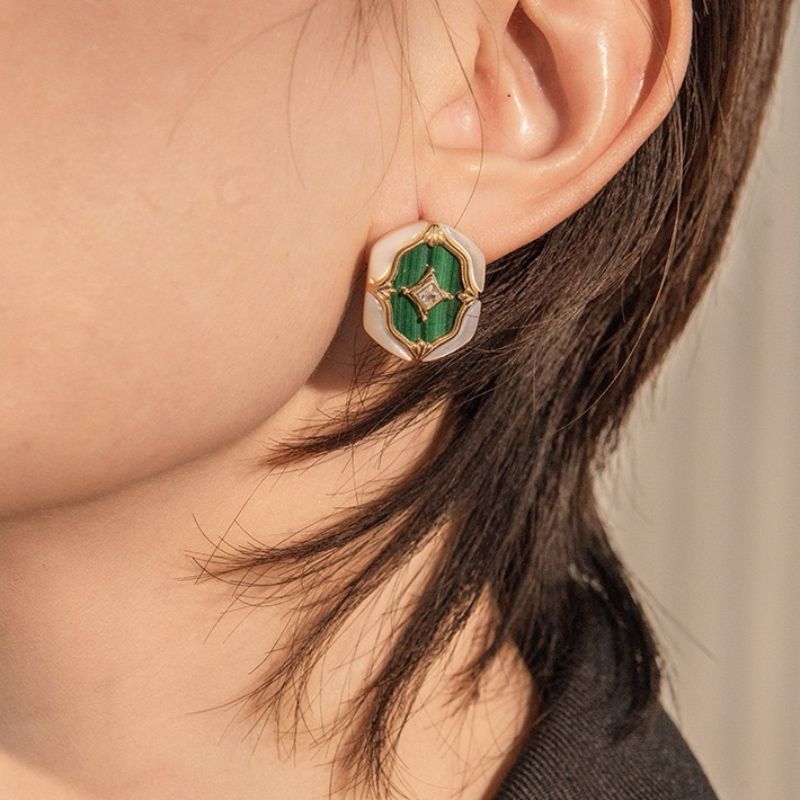 Boucles d'Oreilles Malachite Nacre Argent Plaqué Or - Biloria