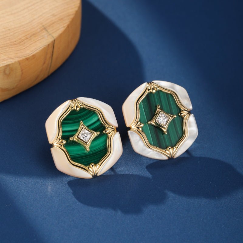 Boucles d'Oreilles Malachite Nacre Argent Plaqué Or - Biloria