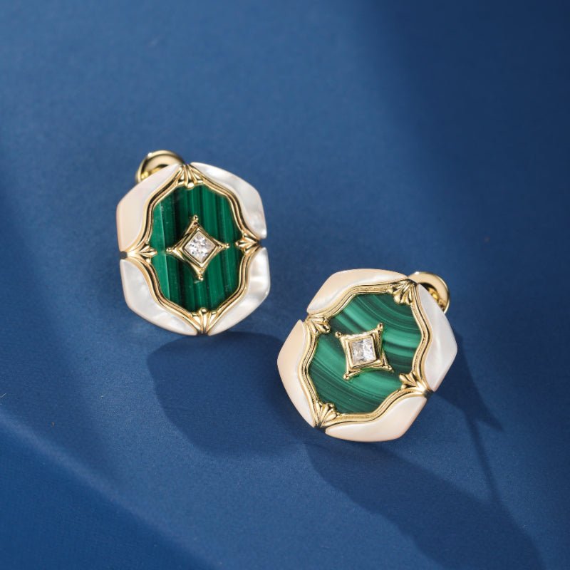 Boucles d'Oreilles Malachite Nacre Argent Plaqué Or - Biloria