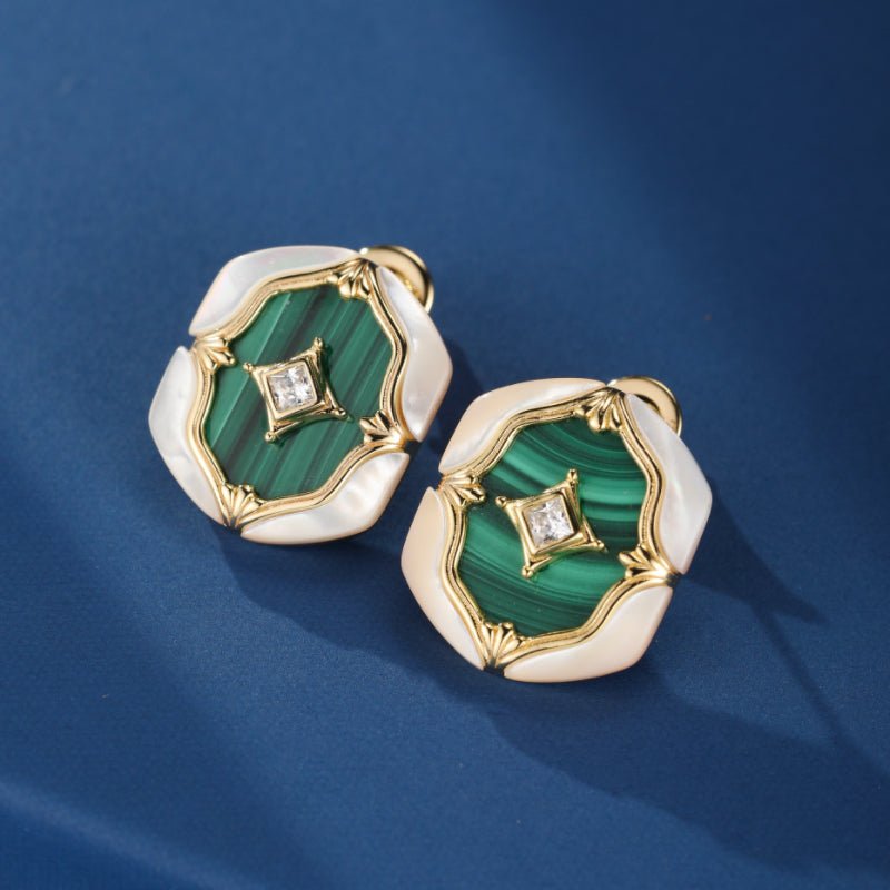 Boucles d'Oreilles Malachite Nacre Argent Plaqué Or - Biloria