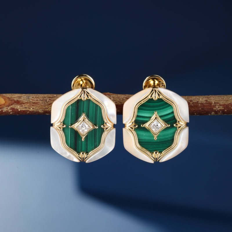 Boucles d'Oreilles Malachite Nacre Argent Plaqué Or - Biloria