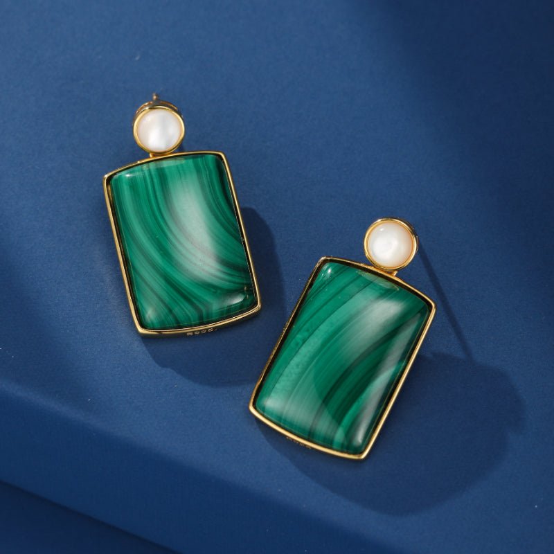 Boucles d'Oreilles Malachite Nacre Rectangulaires Argent Plaqué Or - Biloria