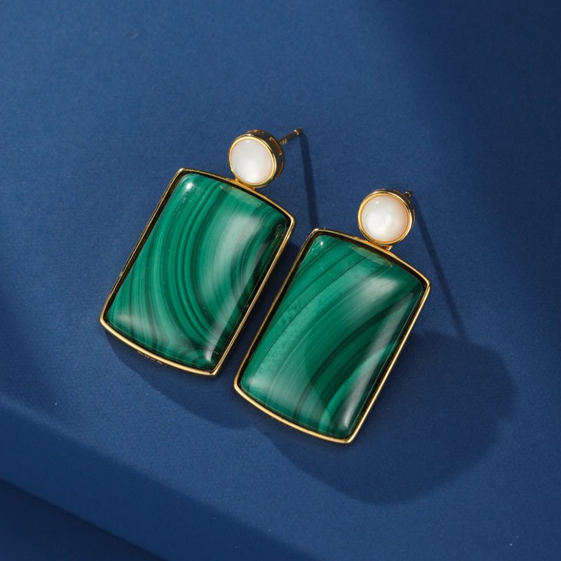 Boucles d'Oreilles Malachite Nacre Rectangulaires Argent Plaqué Or - Biloria