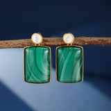Boucles d'Oreilles Malachite Nacre Rectangulaires Argent Plaqué Or - Biloria