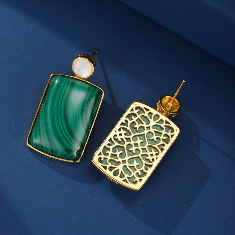 Boucles d'Oreilles Malachite Nacre Rectangulaires Argent Plaqué Or - Biloria
