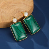 Boucles d'Oreilles Malachite Nacre Rectangulaires Argent Plaqué Or - Biloria