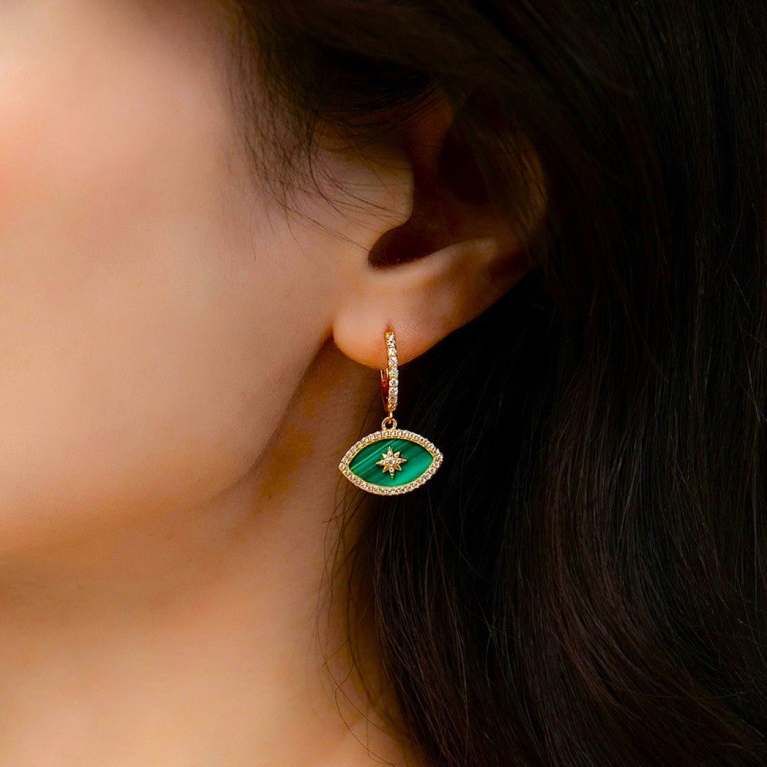Boucles d'oreilles Malachite Œil Solaire – Argent Plaqué Or - Biloria