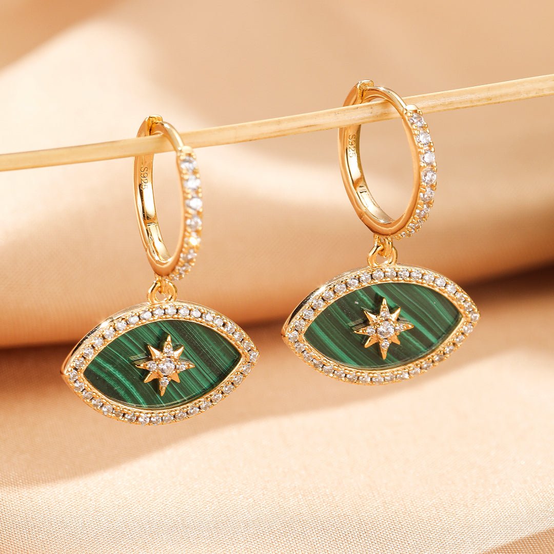 Boucles d'oreilles Malachite Œil Solaire – Argent Plaqué Or - Biloria