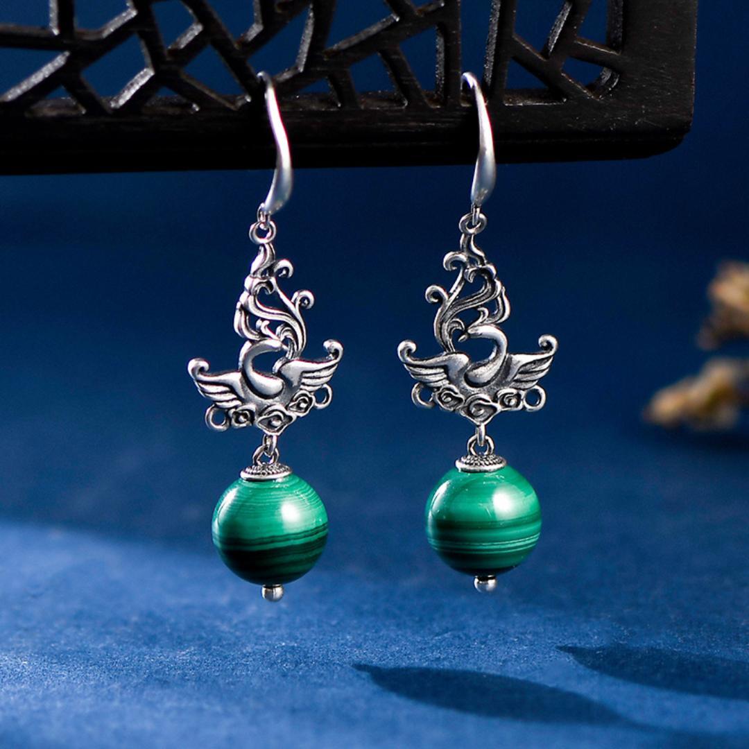 Boucles d'Oreilles Malachite Phénix Argent 925 - Biloria