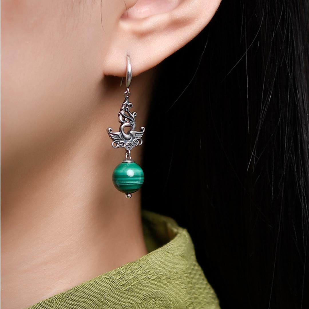 Boucles d'Oreilles Malachite Phénix Argent 925 - Biloria