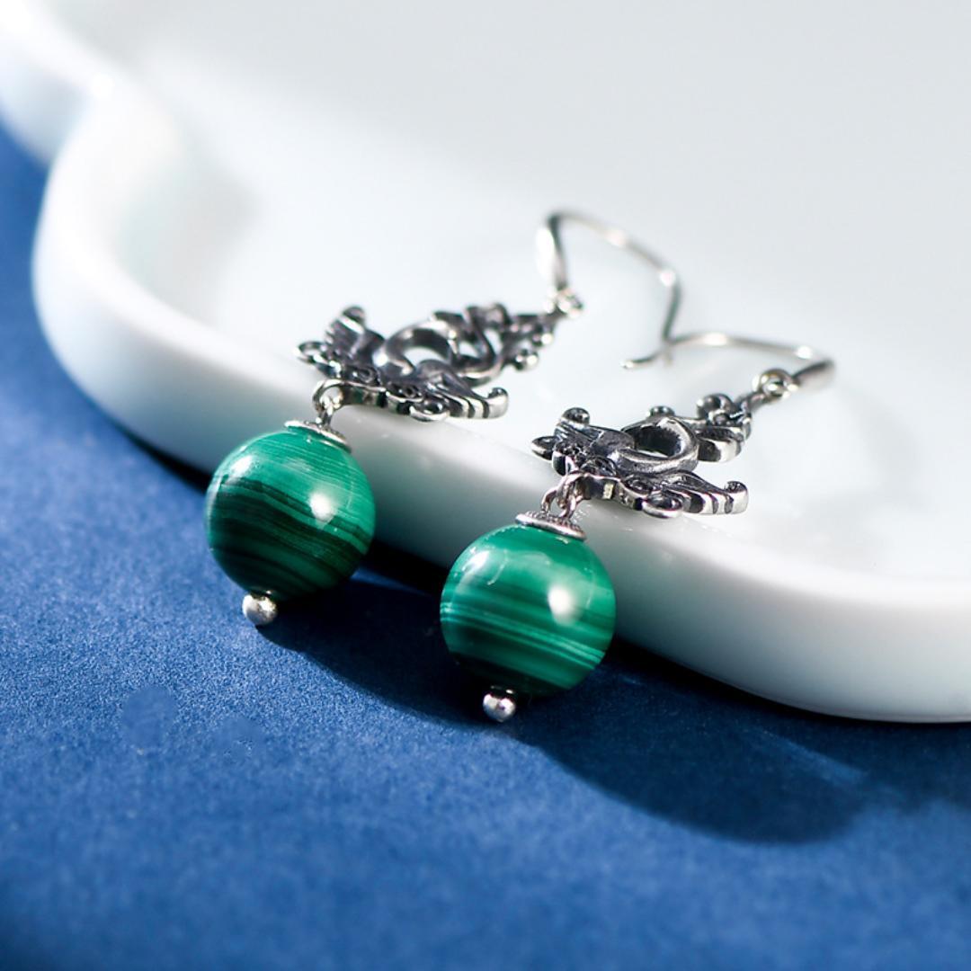 Boucles d'Oreilles Malachite Phénix Argent 925 - Biloria