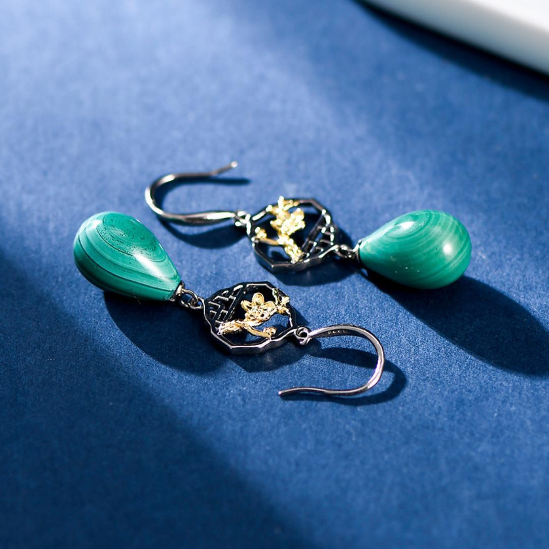 Boucles d'Oreilles Malachite Sakura Argent 925 - Biloria