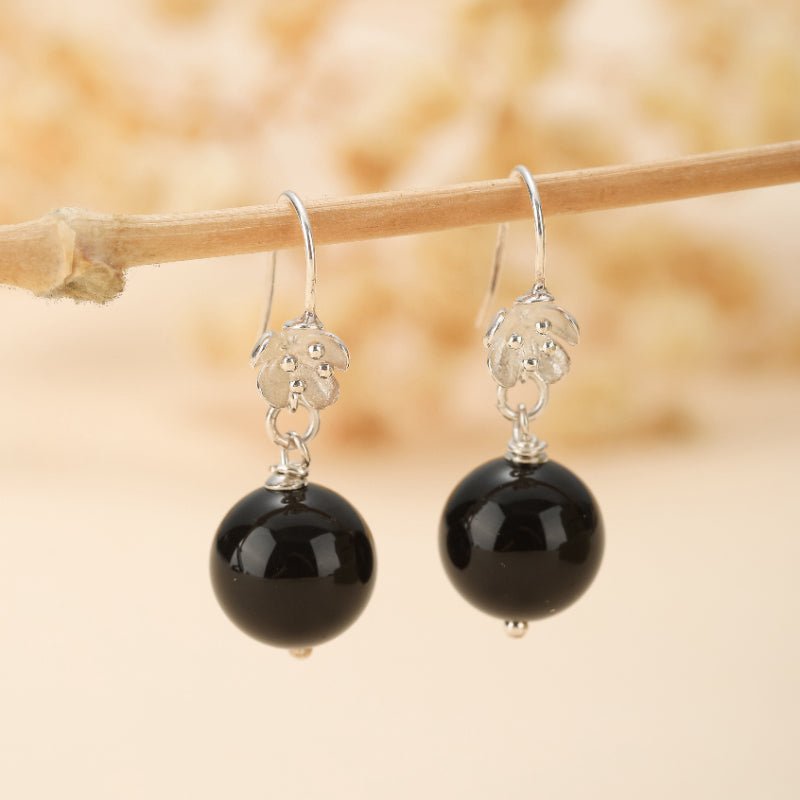 Boucles d'Oreilles Obsidienne Fleur de Cerisier Argent 925 - Biloria