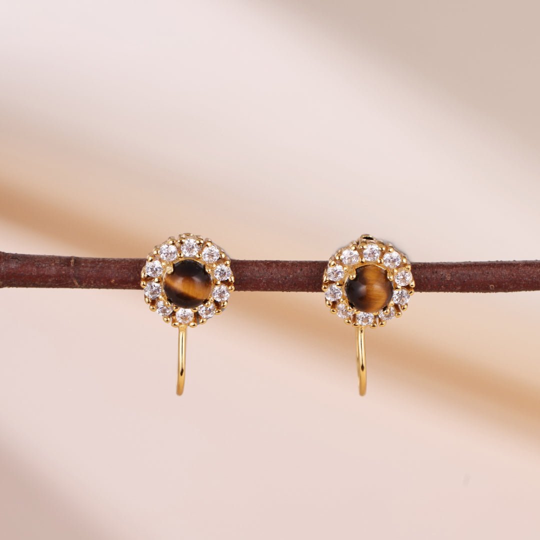 Boucles d'Oreilles Œil de Tigre Argent Plaqué Or Rose Éclatante Cadeau - Biloria