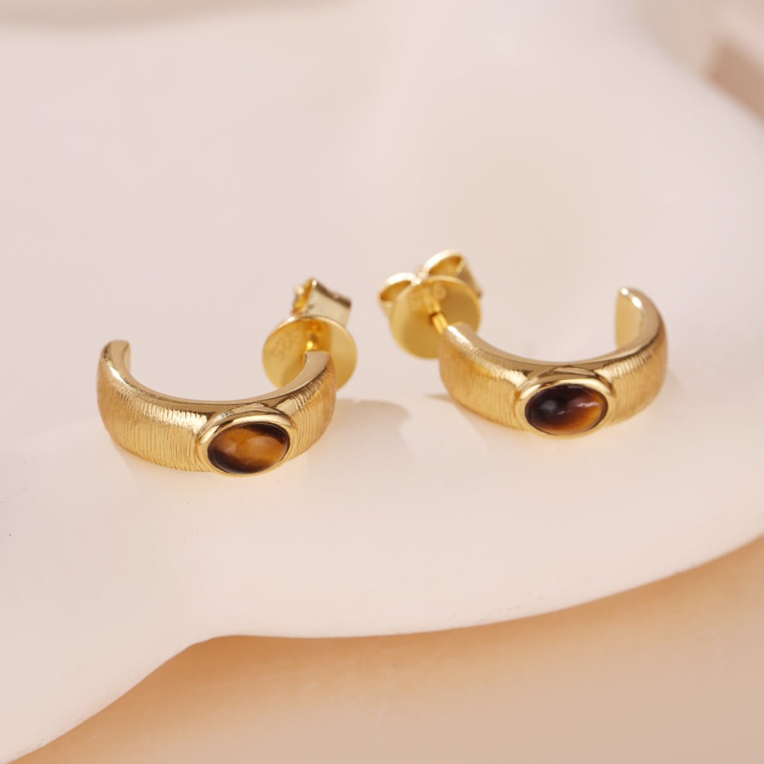 Boucles d'Oreilles Œil de Tigre Cercle Or – Protection et Élégance - Biloria