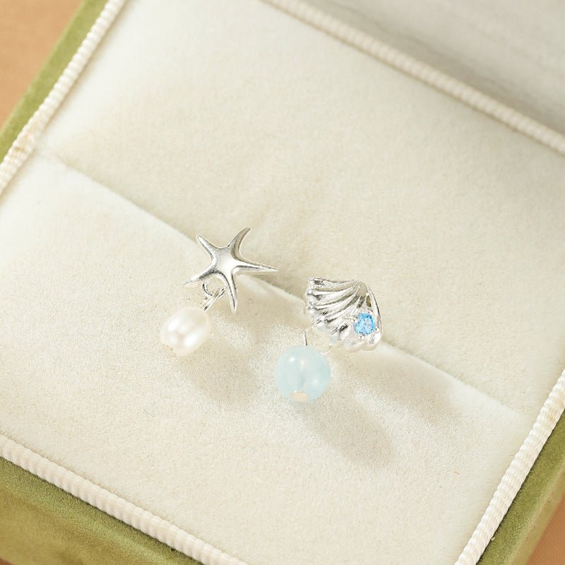Boucles d'oreilles pendantes Aigue marine Perle Asymétriques Argent - Biloria