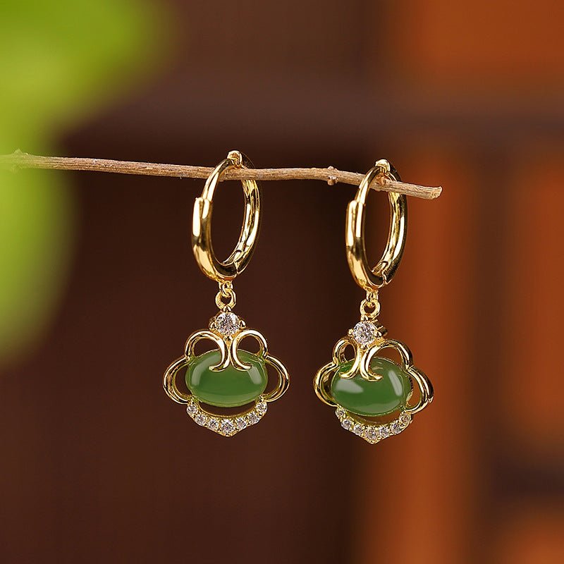 Boucles d'Oreilles Pendantes en Jade et Zircon, Argent Plaqué Or - Biloria
