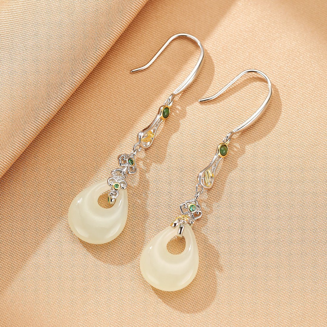 Boucles d'Oreilles Pendantes en Jade Naturel - Argent Plaqué Or - Biloria