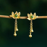 Boucles d'Oreilles Pendantes Lotus en Jade – Argent Plaqué Or - Biloria