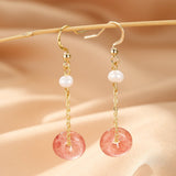 Boucles d'oreilles pendantes Quartz Fraise et Perle - Biloria