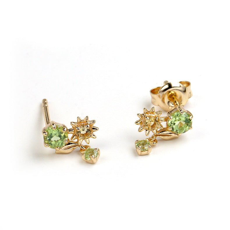 Boucles d'Oreilles Péridot Citrine Fleur Soleil Argent Plaqué Or - Biloria