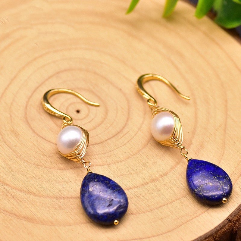 Boucles d'Oreilles Perle et Lapis Lazuli - Lithothérapie Féminine - Biloria