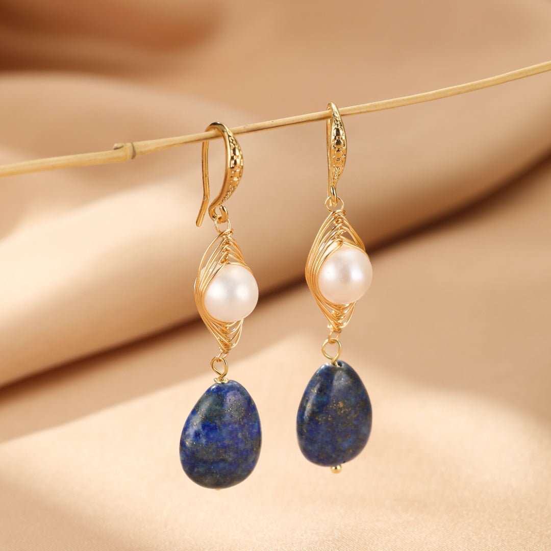 Boucles d'Oreilles Perle et Lapis Lazuli - Lithothérapie Féminine - Biloria