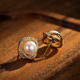 Boucles d'Oreilles Perle Naturelle 9mm – Argent Plaqué Or Zircons - Biloria