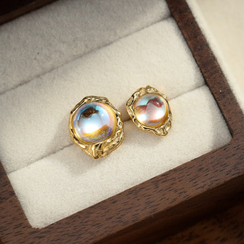 Boucles d'Oreilles Pierre de Lune Asymétriques Argent Plaqué Or - Biloria