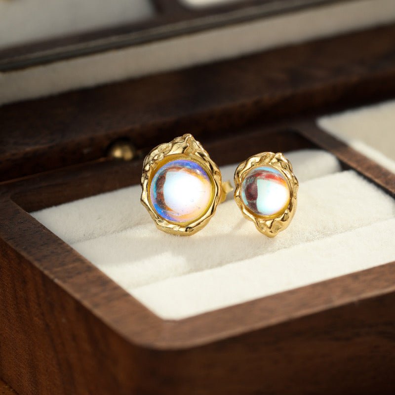Boucles d'Oreilles Pierre de Lune Asymétriques Argent Plaqué Or - Biloria