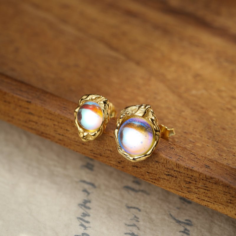 Boucles d'Oreilles Pierre de Lune Asymétriques Argent Plaqué Or - Biloria