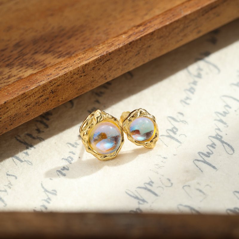Boucles d'Oreilles Pierre de Lune Asymétriques Argent Plaqué Or - Biloria