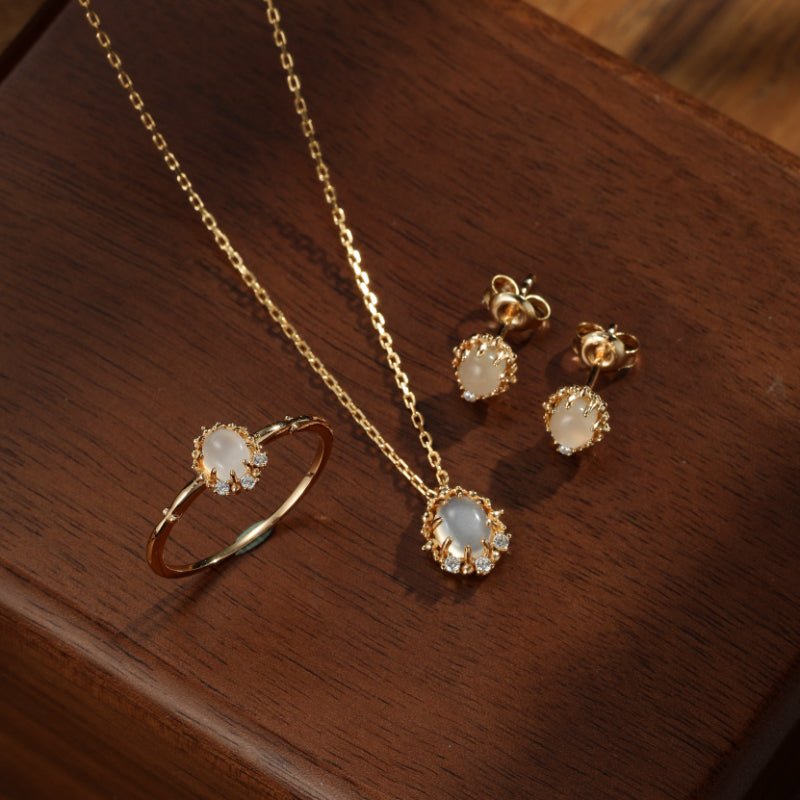 Boucles d'Oreilles Pierre de Lune et Zircon – Argent Plaqué Or S925 - Biloria