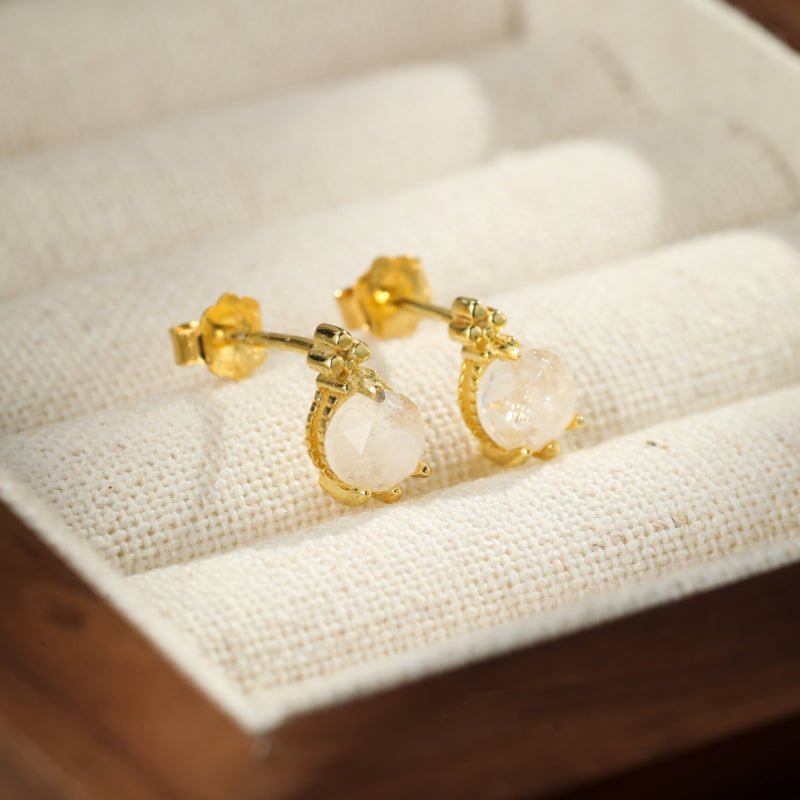 Boucles d'Oreilles Pierre de Lune Goutte Lumineuse Argent Plaqué Or - Biloria