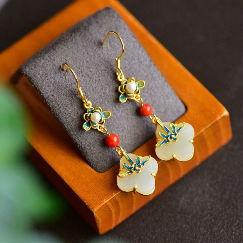 Boucles d'Oreilles Porte-Bonheur en Jade Blanc et Perles - Biloria
