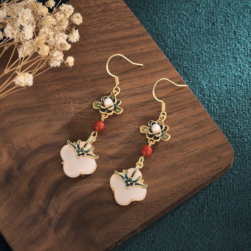 Boucles d'Oreilles Porte-Bonheur en Jade Blanc et Perles - Biloria