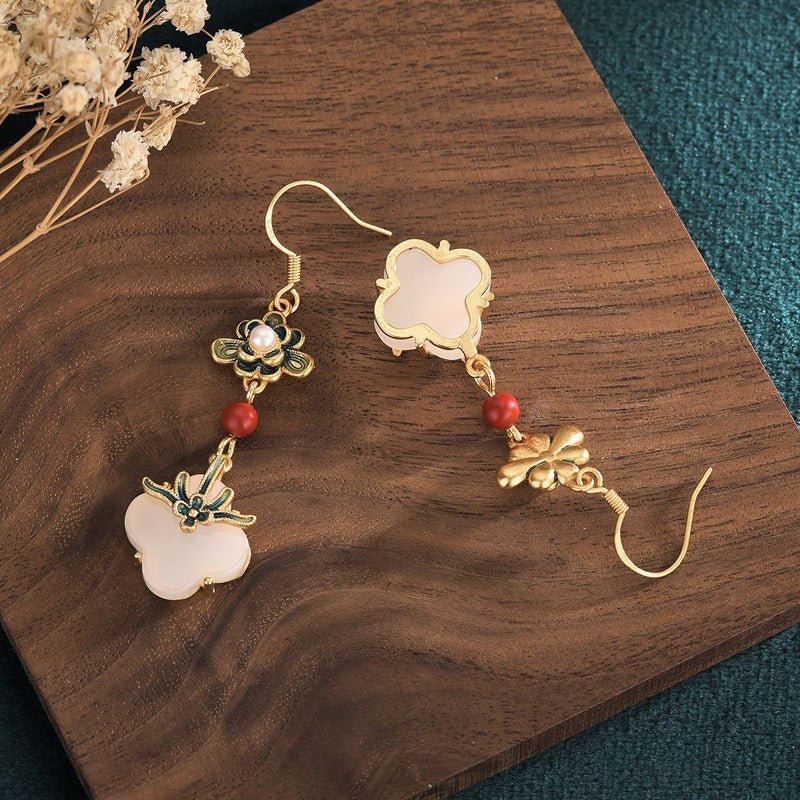 Boucles d'Oreilles Porte-Bonheur en Jade Blanc et Perles - Biloria