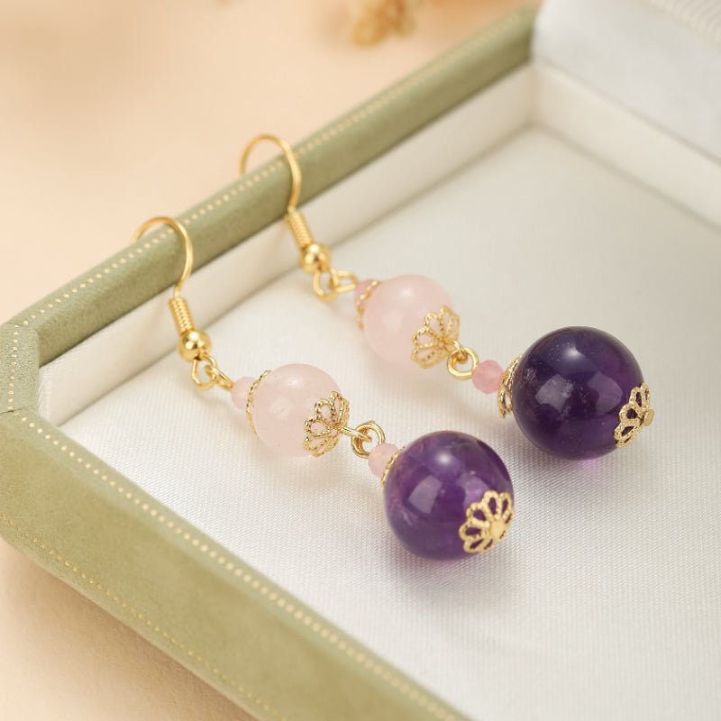 Boucles d'Oreilles Quartz Rose et Améthyste pour Sérénité - Biloria