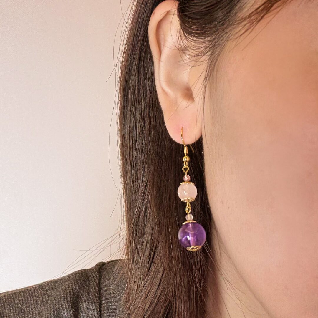 Boucles d'Oreilles Quartz Rose et Améthyste pour Sérénité - Biloria