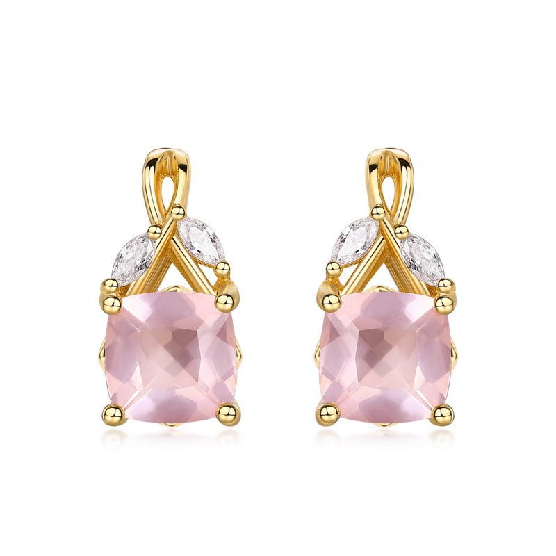 Boucles d'Oreilles Quartz Rose Feuillu Argent Plaqué Or - Biloria