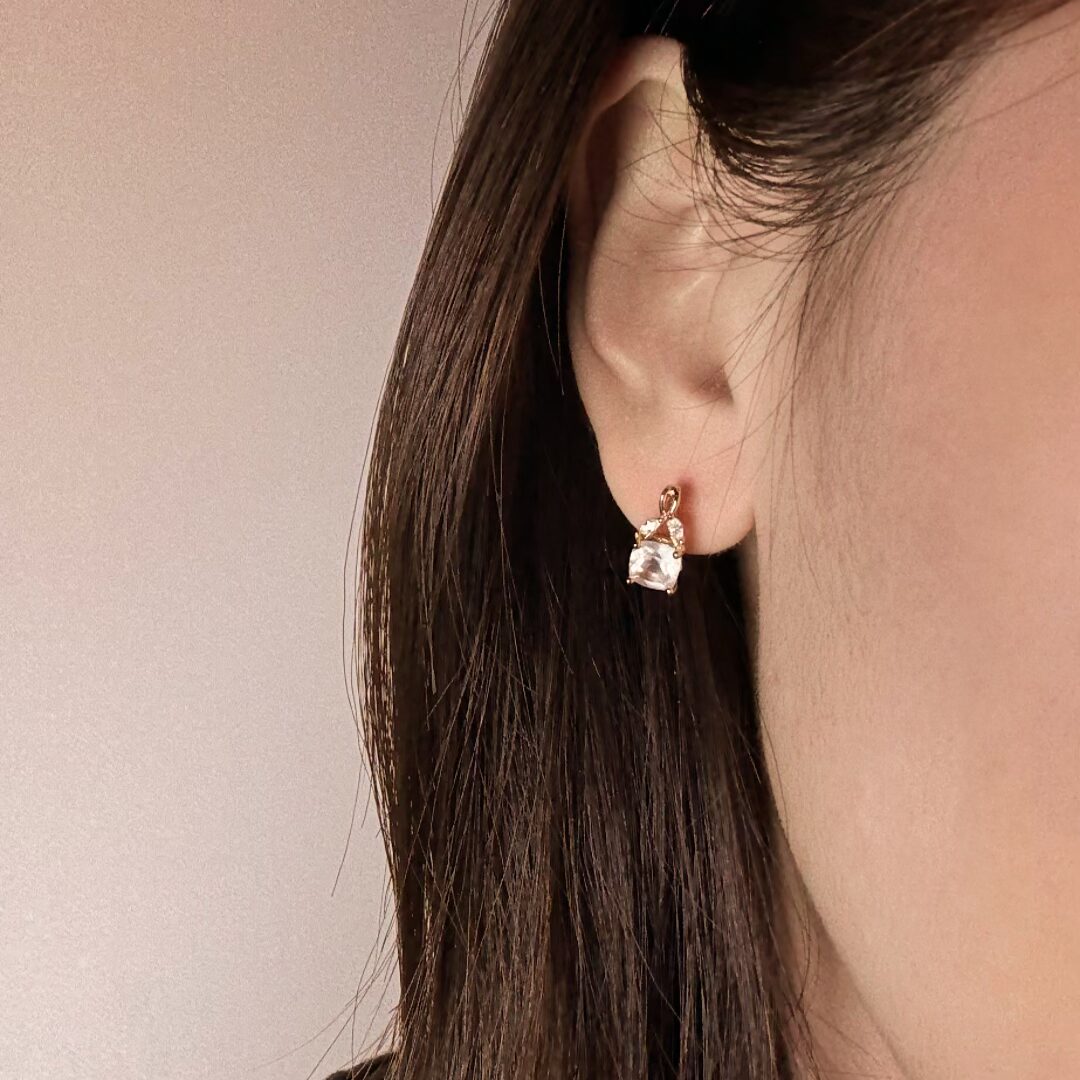Boucles d'Oreilles Quartz Rose Feuillu Argent Plaqué Or - Biloria