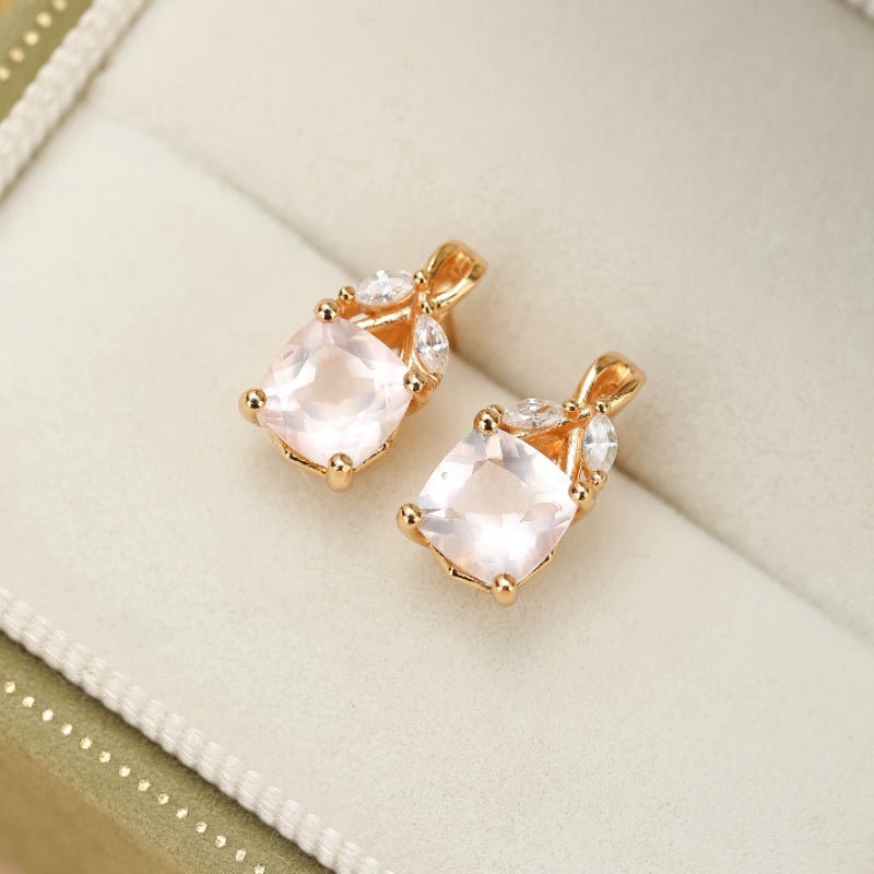 Boucles d'Oreilles Quartz Rose Feuillu Argent Plaqué Or - Biloria