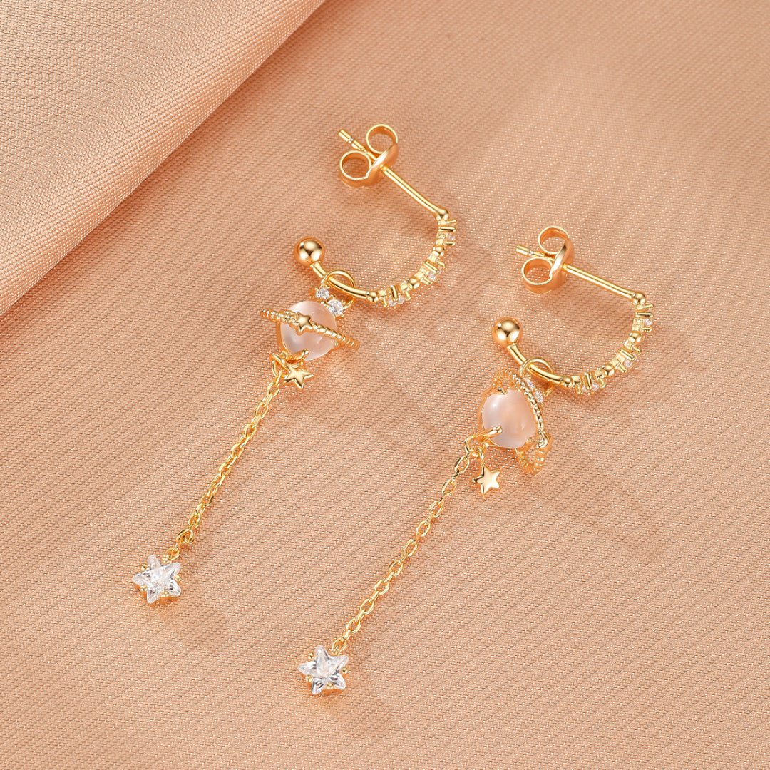 Boucles d'Oreilles Quartz Rose Planète - Argent Plaqué Or 14K - Biloria