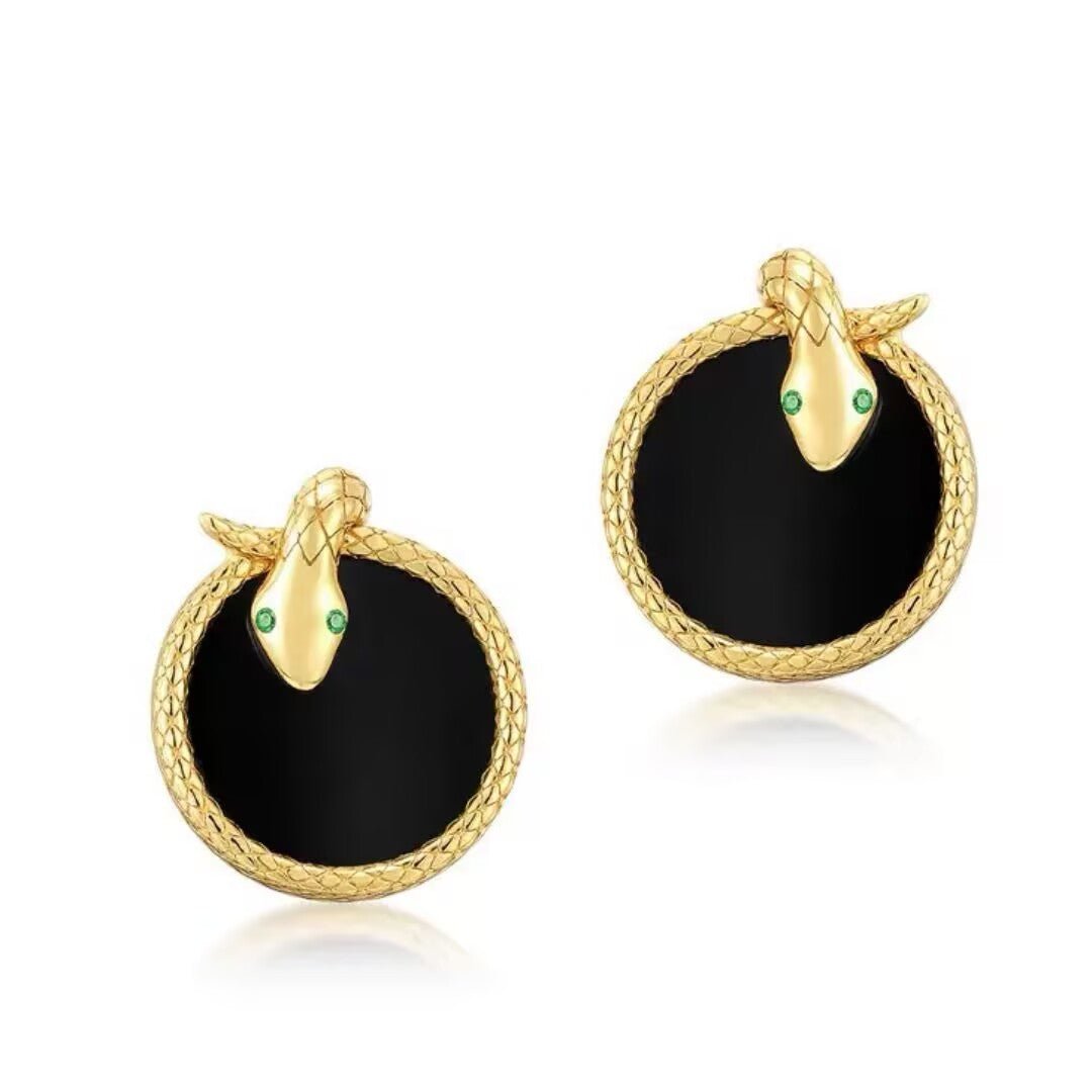 Boucles d'Oreilles Serpent Onyx Argent Plaqué Or – Bijou Méditatif - Biloria