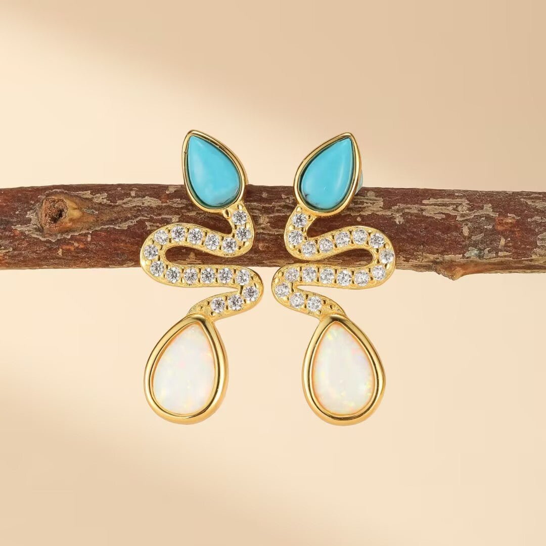 Boucles d'Oreilles Serpent Opale Turquoise Larmes de Lagon - Biloria